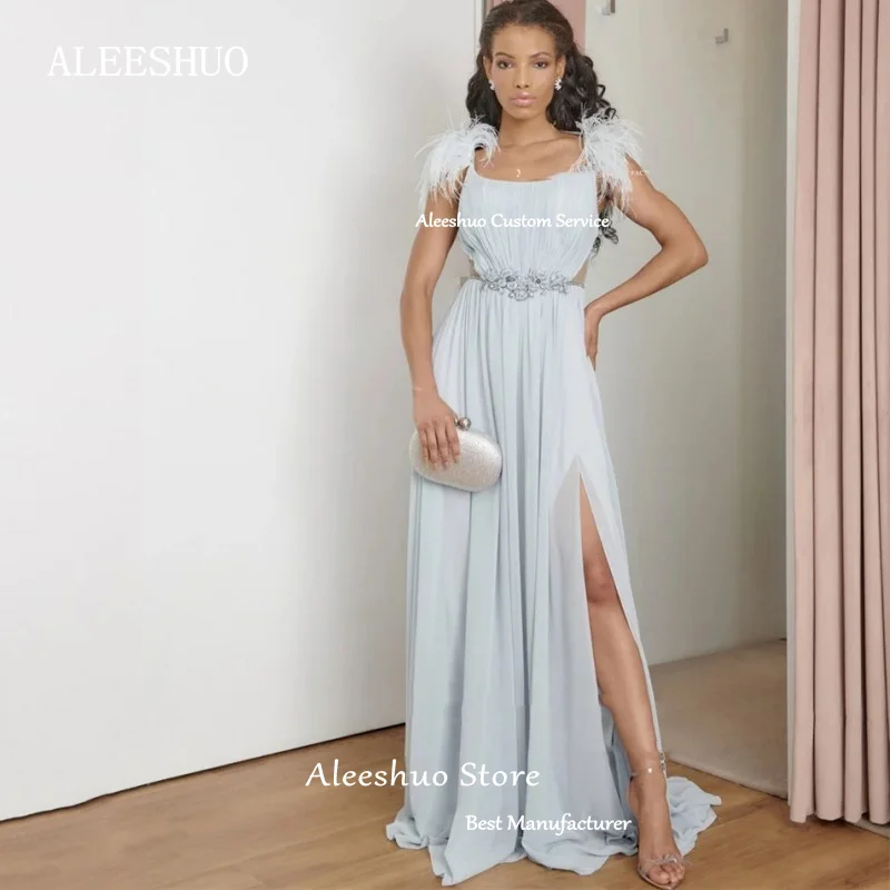 Morden Chiffon Side Split Dress Blue Tassel Square Collar Wedding Dresses For Woman Pearls Belt Prom Dress Luxury V Back 2024