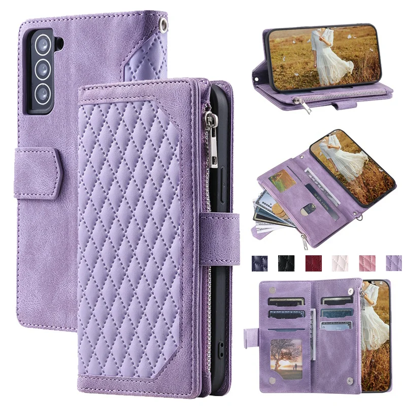 Lanyard Rhombic Leather Case for Samsung Galaxy S24 S23 S22 S21 S20 FE S10 S9 Plus Note 20 Ultra 10 9 5G Flip Wallet Card Cover