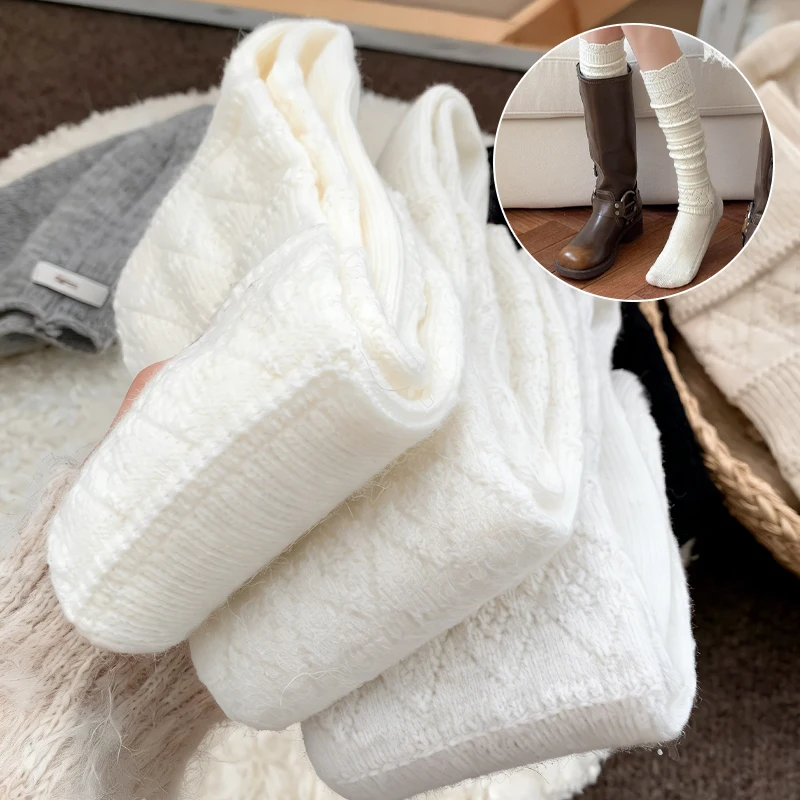 

Spring Knee Length Stockings for Women White Pile Socks Fashion Girls JK Slimming Boots Sock Japanese Cotton Footwear Calf Socks