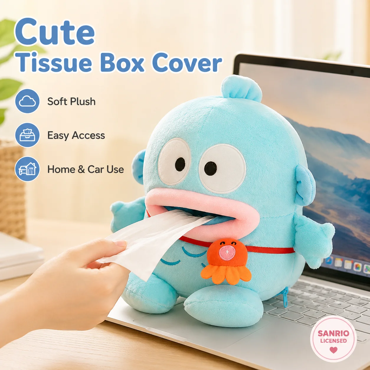 

Sanrio Hangyodon Plush Tissue Box Cute Cartoon Hanging Tissue Holder Car Home Decor Napkin Storage Case Kawaii Gift