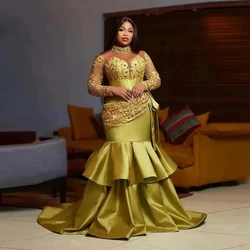 Olive Plus Size African Mermaid Evening Dresses Sheer Lace Long Sleeves Satin Aso Ebi Prom Dress Ruffled Wedding Guests Gowns