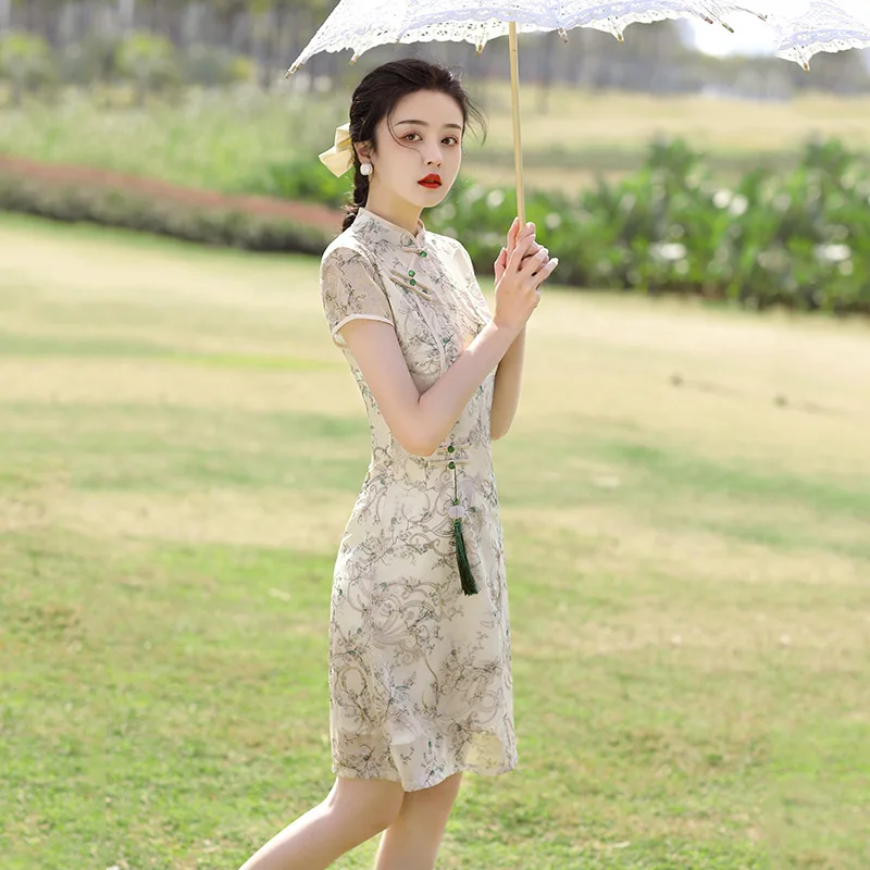 Spring New Three-Quarter Sleeve Short Improved Young Chiffon Jacquard Embroidered Cheongsam Chinese Style Dress