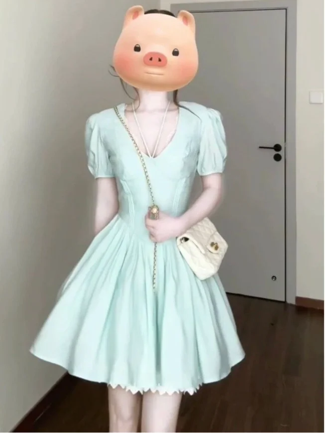 

plus Size Bubble Sleeve Dress Mint Wave Style Waist Cinching Design Summer New Princess Short Skirt A-Line Korean Style Short...