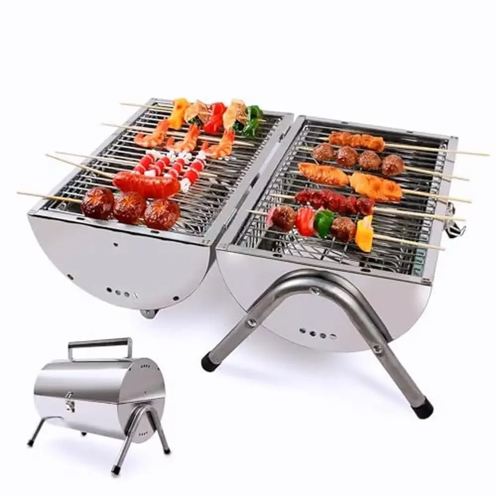 

Stainless Steel Double Capacity Charcoal Grill Portable Easy-to-Assemble BBQ Grill Dual Cooking Zone Grill Outdoor Cooking and