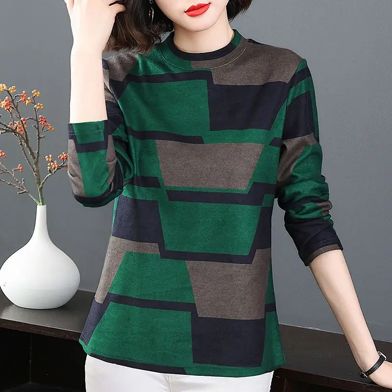 Spring Autumn New Round Neck Fashion Long Sleeve T-shirt Women High Street Printing Pullovers Vintage Elegant All-match Tops