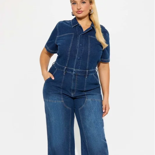 Plus size feminino denim macacão perna reta calças compridas meados de cintura mistura algodão regular fino temporada inverno importado