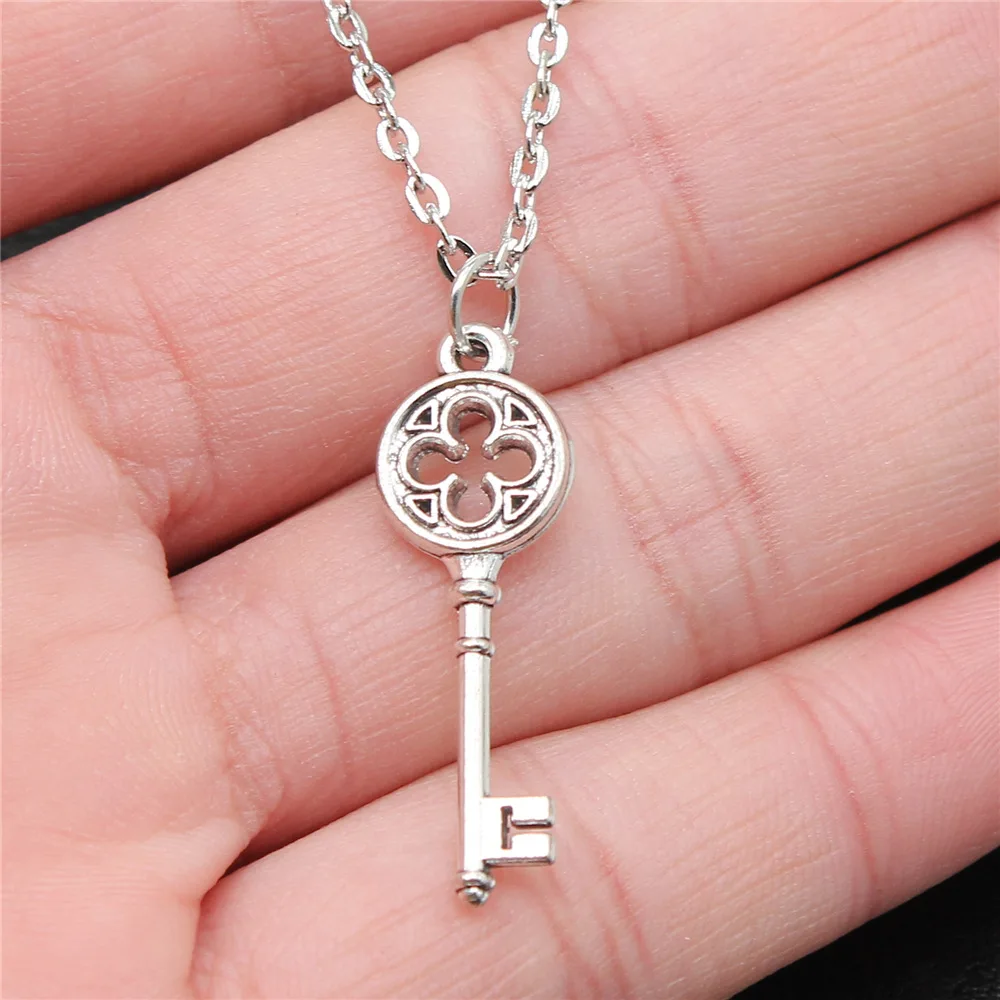 Fashion Simple Vintage Antique Silver Color 31x10mm Key Pendant Necklace For Women