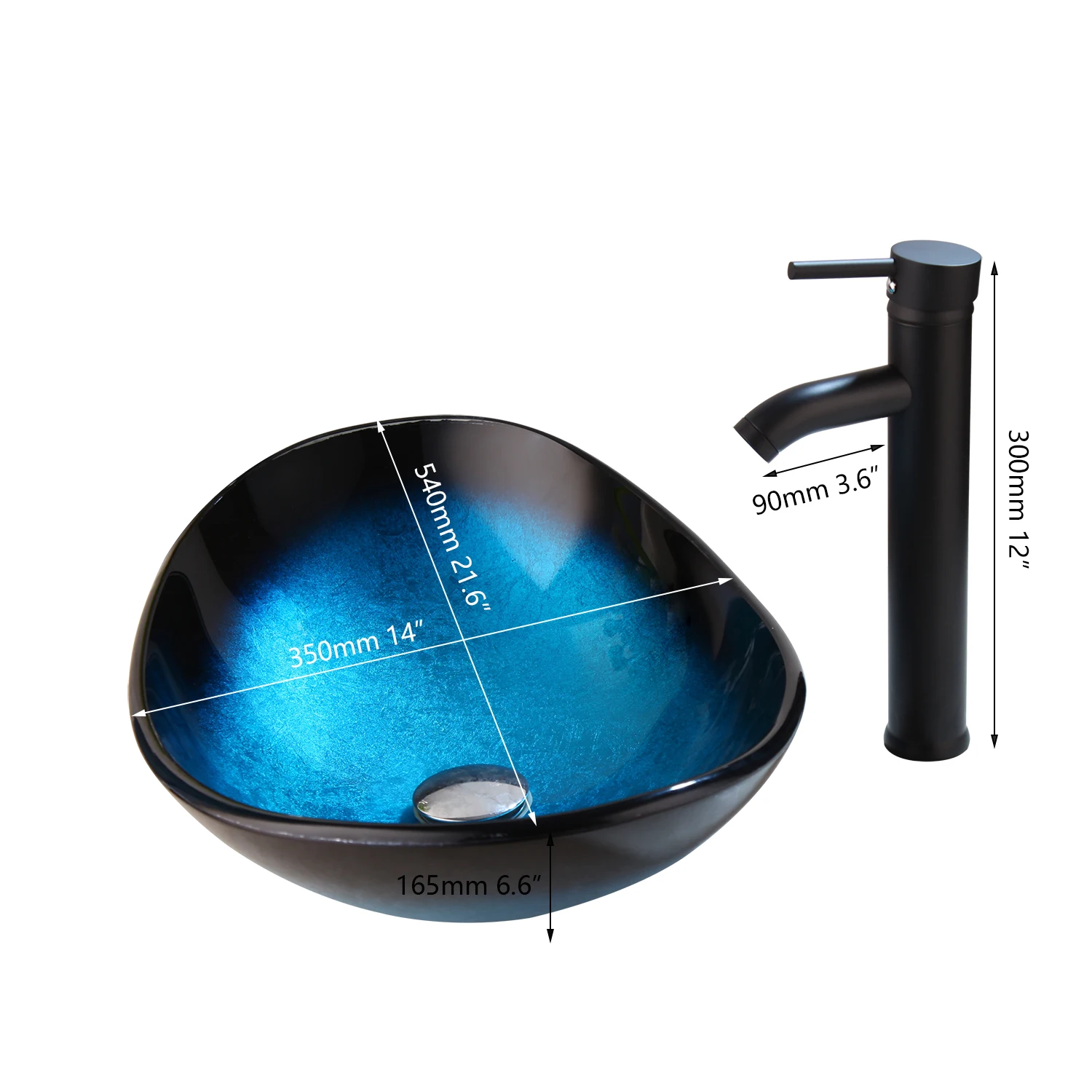 KEMAIDI Blue Tempered Glass Oval Vessel Sink Faucet Set Bathroom Solid Sink With Matte Black Hot Cold Water Faucets Mixer Drain