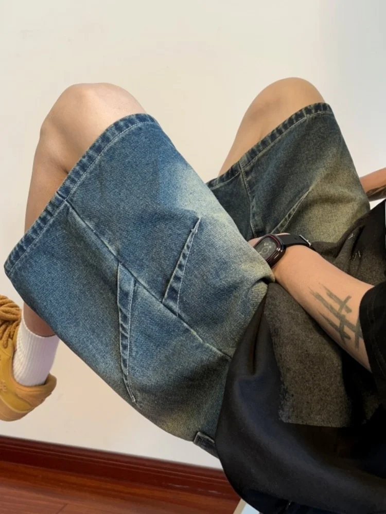 

Waed Denim ort Pants Men's Summer Thin Loose Jeans mid Waist Straight Leg Trousers Trendy American Brand Five-Point Pants