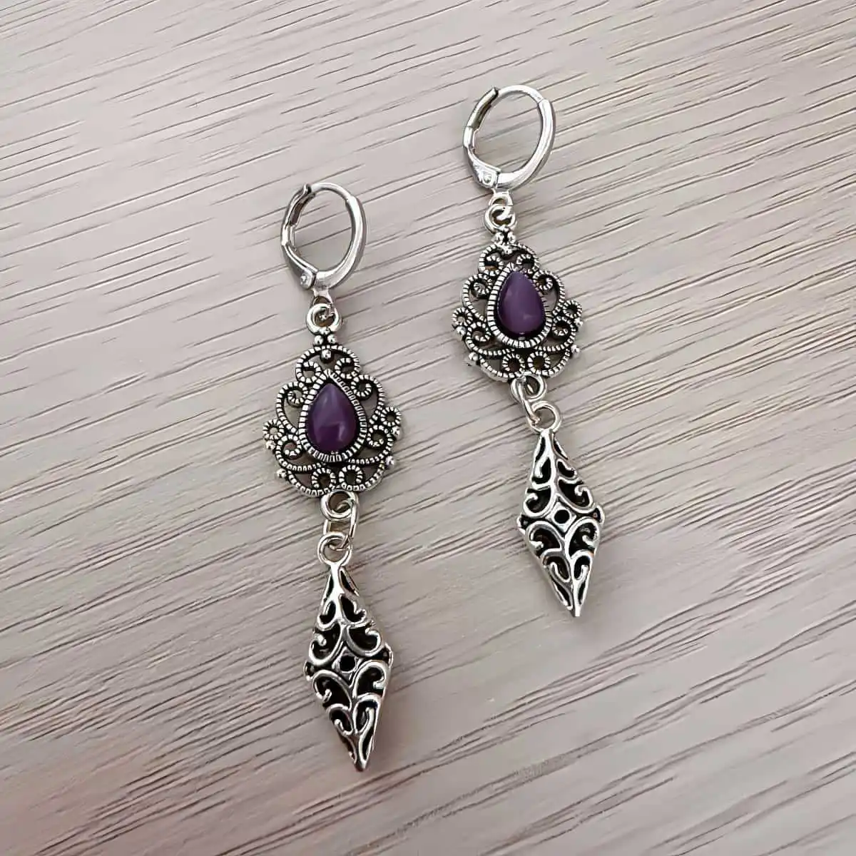 Dark Purple Crystal Earrings Gothic Victorian Goth Celtic Filigree Scroll Statement Earrings Antique Silver Bridal Wedding