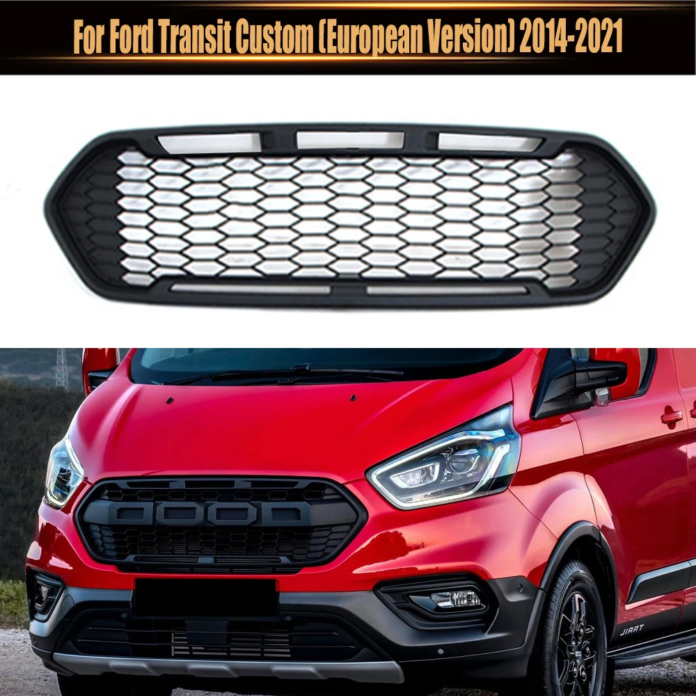 Car ABS Black Or Grey W/LED Light Front Mesh Grill Mask Bumper Grille Fit For Ford Transit Custom (European Version) 2014-2021