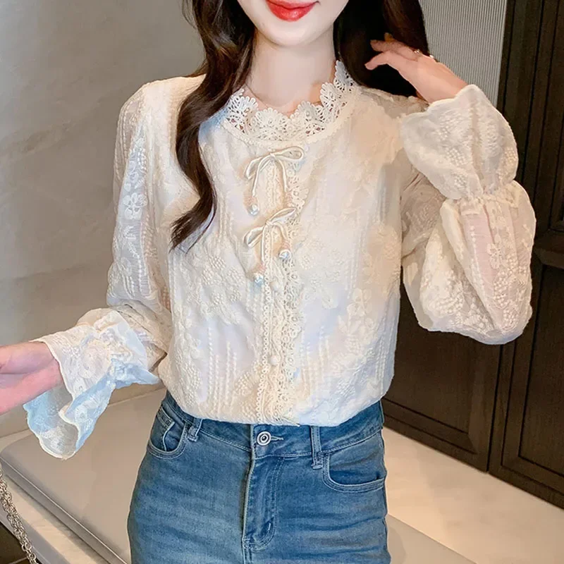 Fashion Long Sleeve Bow Women Shirt Lace Ruffled Shirt Blouse Women Tops Camisas Blusas Camisas De Muje Blusas Para Mujer M649