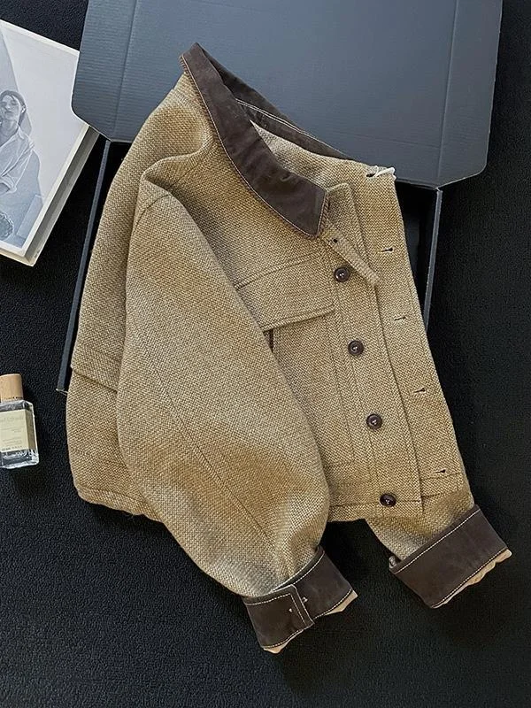 

Retro Color Blo ort Jaet Women's Casual Collarl Design Sensation Autumn New Sle Versatile Leisure Coat for Ladies