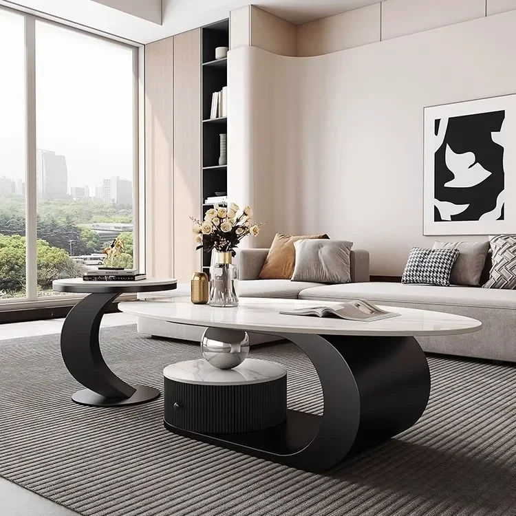 بلاطة صخرية إيطالية فاخرة خفيفة، طاولة قهوة بيضاوية #2