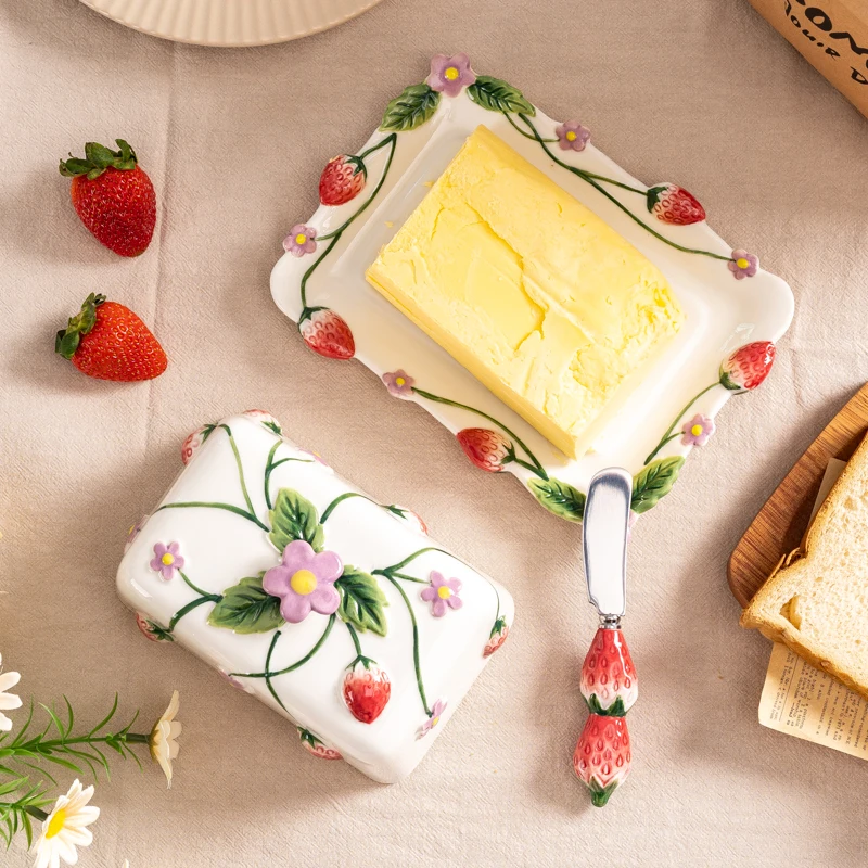 

Butter Dish With Lid For Countertop Strawberry Ceramic Butter Container Keeper Holder Decorative Butter Tray Stroage Saver Plate