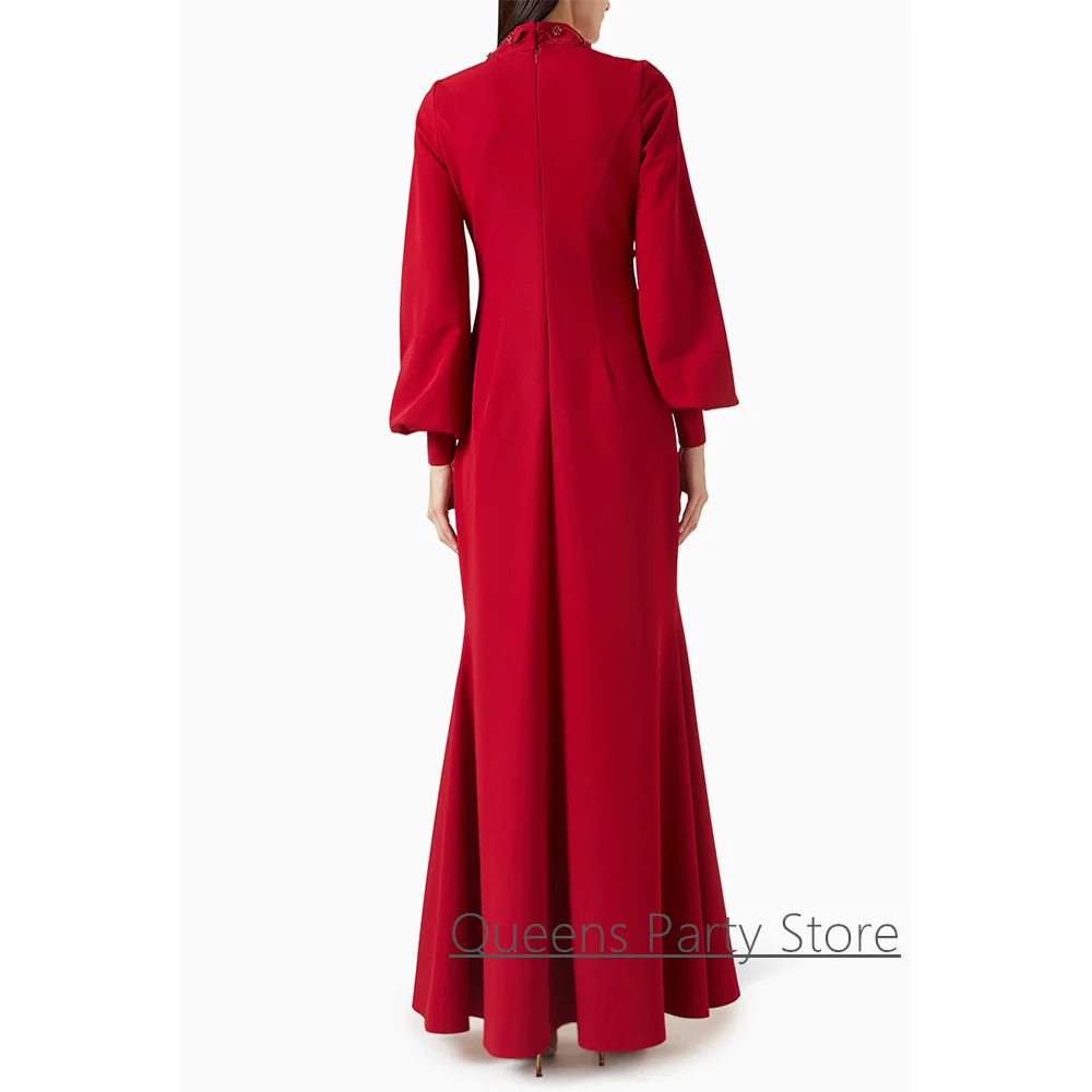 Abito da sera a sirena rossa con maniche a sbuffo Personalizzato piccolo scollo a V con perline Foglie Abiti da ballo formali arabi alla caviglia