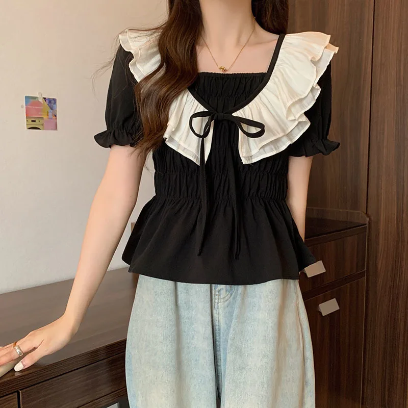 Summer Woman Shirts Square Collar Puff Sleeve Loose Blouses 2023 Blusas De Mujer Bandage Fashion Chic Sweet Tops Female 4XL