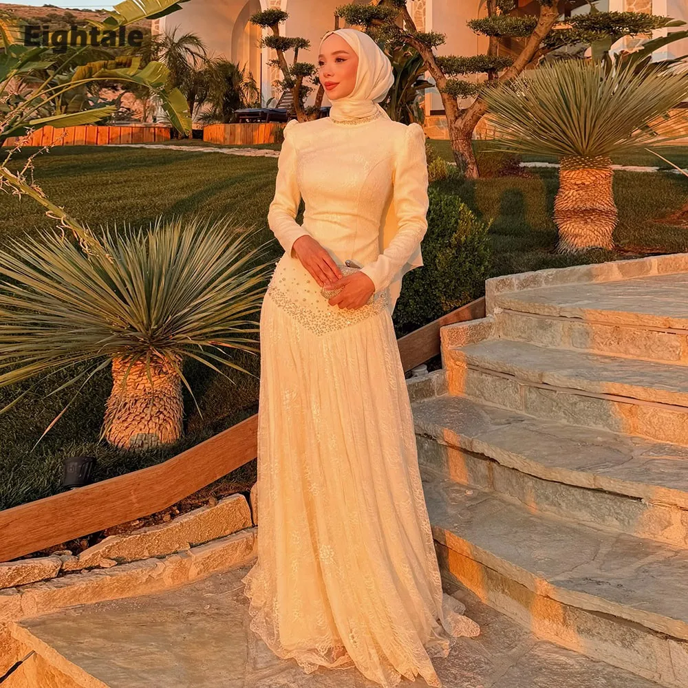 Eightale Arabic Wedding Dress Customized Ivory Bridal Gown High Neck Long Sleeves Beaded Lace Bride Party Dress Vestido De Novia