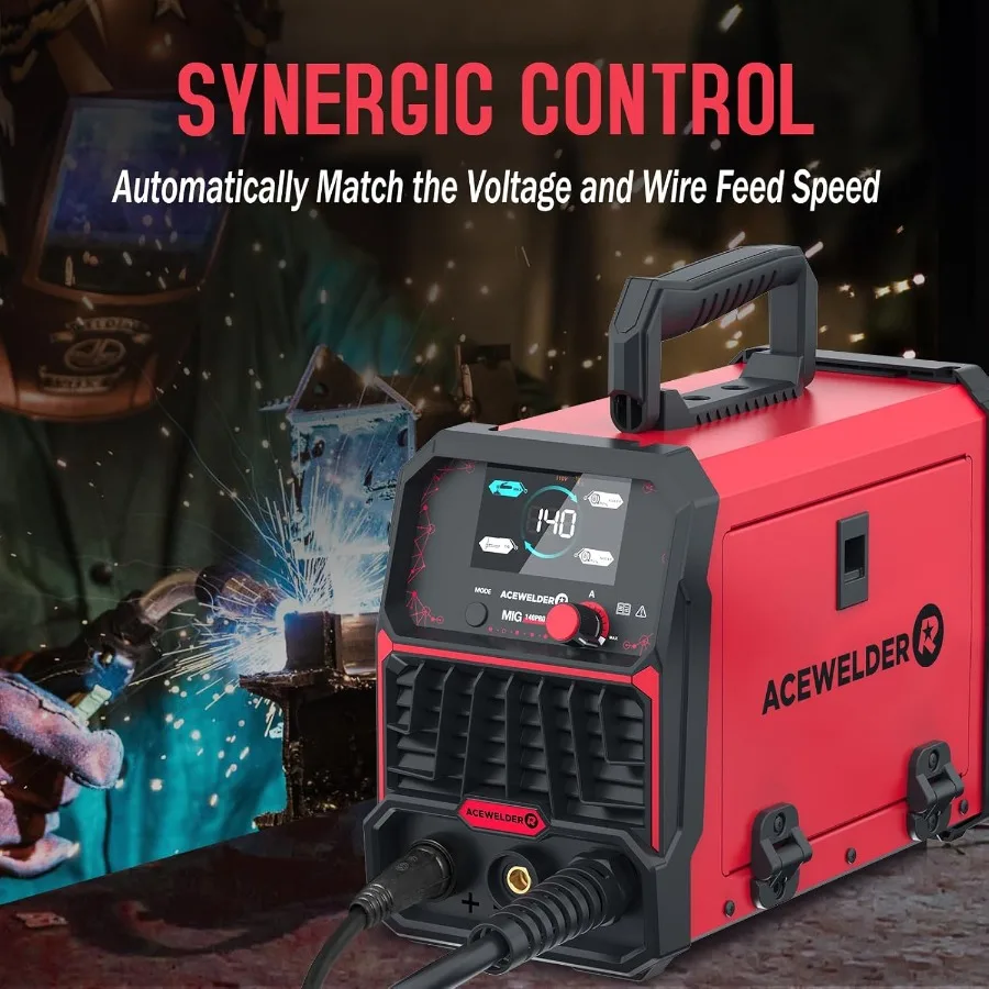 140A MIG Welder 3 in 1 Flux Core MIG/LIFT TIG/Stick Welding Machine 110V Portable IGBT Inverter Synergic Control with LED Displ