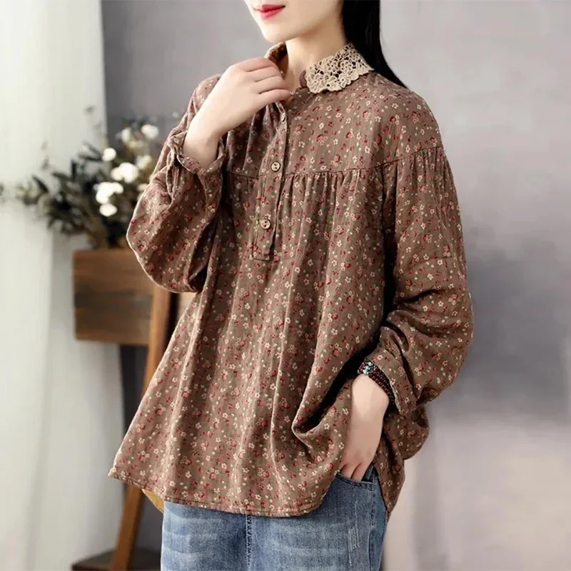 

Spring Autumn Lace Patchwork Doll Collar Floral Print Shirt Ladies Literary Vintage Long Sleeve Cotton Blouse Top Female Clothes
