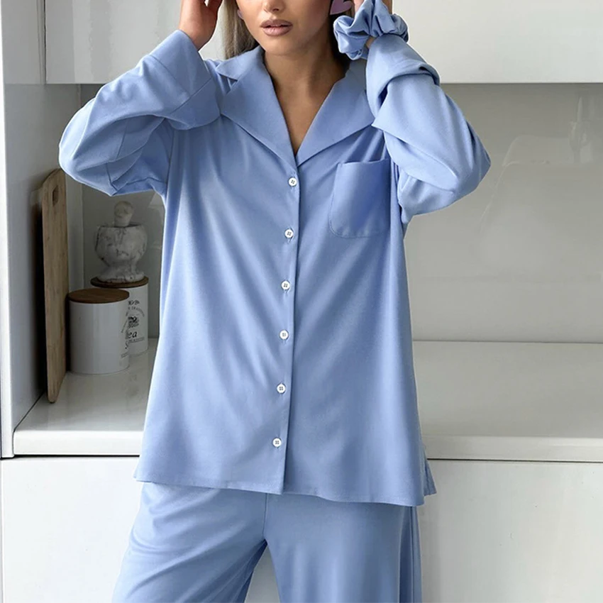 Blue Solid Loose Long Sleeve Trouser Chiffon sets Women\' Pijama Silk Satin Sleepwear Lingerie 2Pcs Pjs Nightwear Home Clothes