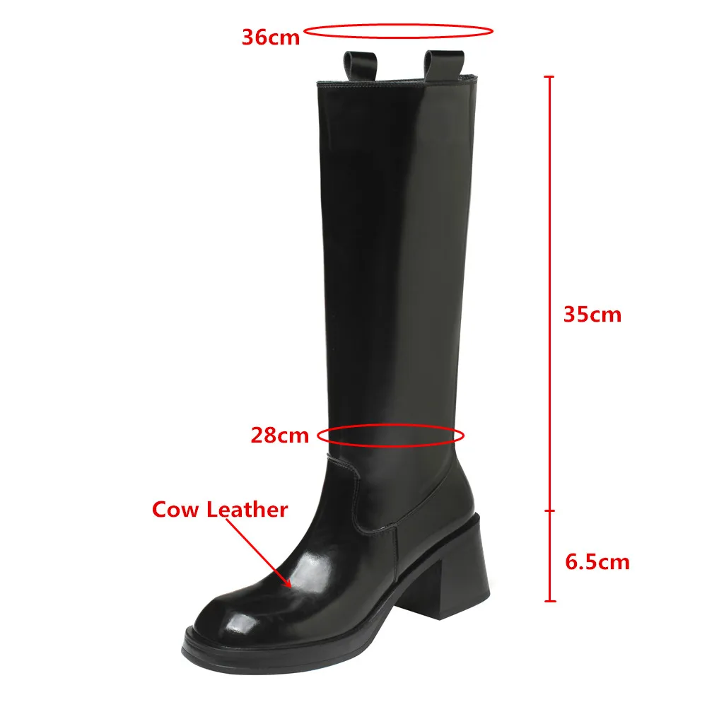 MILI-MIYA Fashion Wide Leg Boots Women Cow Leather Knee High Boots Slip On Round Toe Thick Heels Retro Style Handmade For Ladies