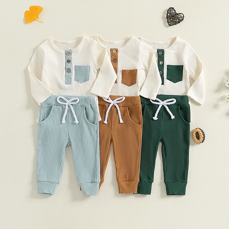 2024-06-04 Lioraitiin Baby Boys 2PCS Outfits Long Sleeve Crew Neck Button Romper Solid Color Drawstring Pants Sets