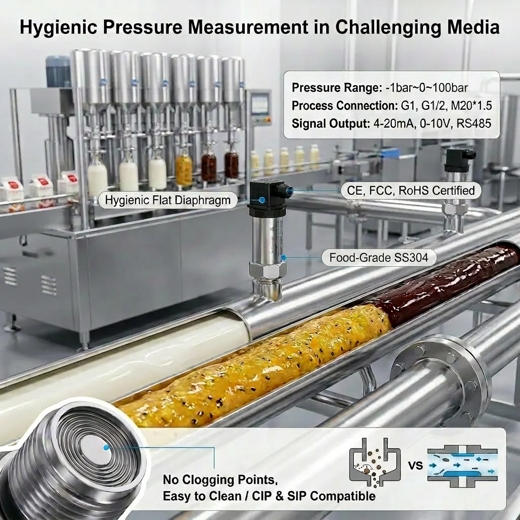 4-20mA Flat Diaphragm Pressure Transmitter 250mbar 500mbar 10Mpa 10bar  Milk Glue Tank Sanitary Food Grade Flush 30kpa Sensor
