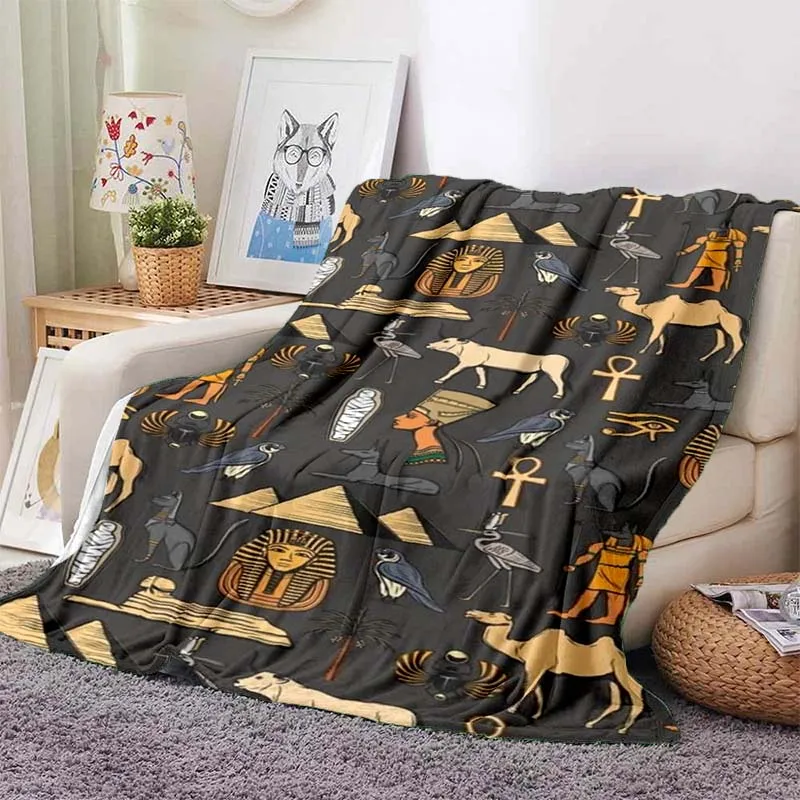 3D Egyptian Mythology Pharaoh Hieroglyphs Soft Thin Blanket, Flannel Lunch Break Throw Blanket Travel Bedroom Sofa Picnic