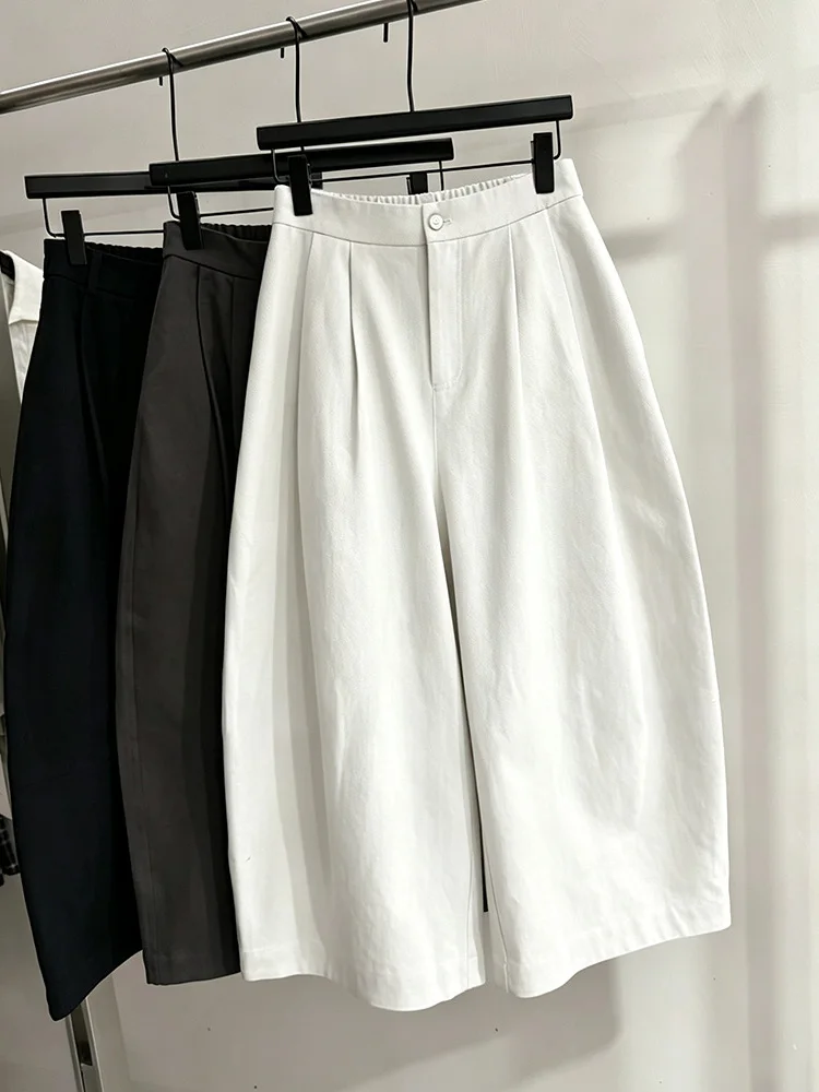 Women's Casual High Waist Buttoned Pleated Wide Leg Pants Elastic Waist One-Button Design Versatile Nine-Piece Autumn Style