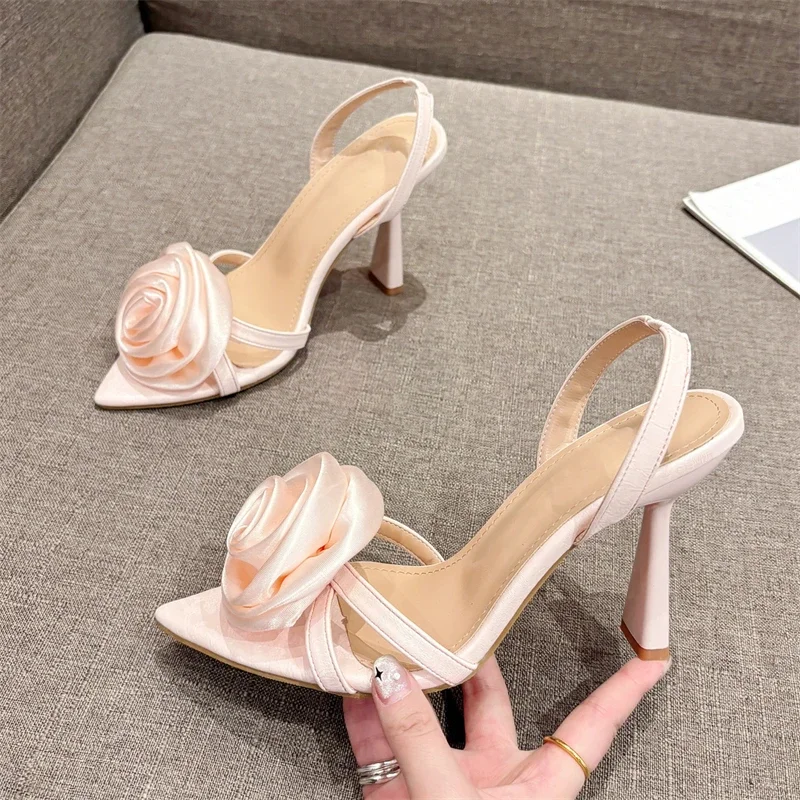 Eilyken Street Style Summer Flower Women Sandals Sexy Fashion Pointed Toe High Heels Slip-On Wedding Banquet Stripper Shoes