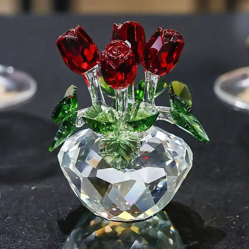 Souvenir Gift Crystal Red Rose Flower Figurine Spring Bouquet Sculpture Ornaments Gift-Boxed Home Wedding Decor Favors