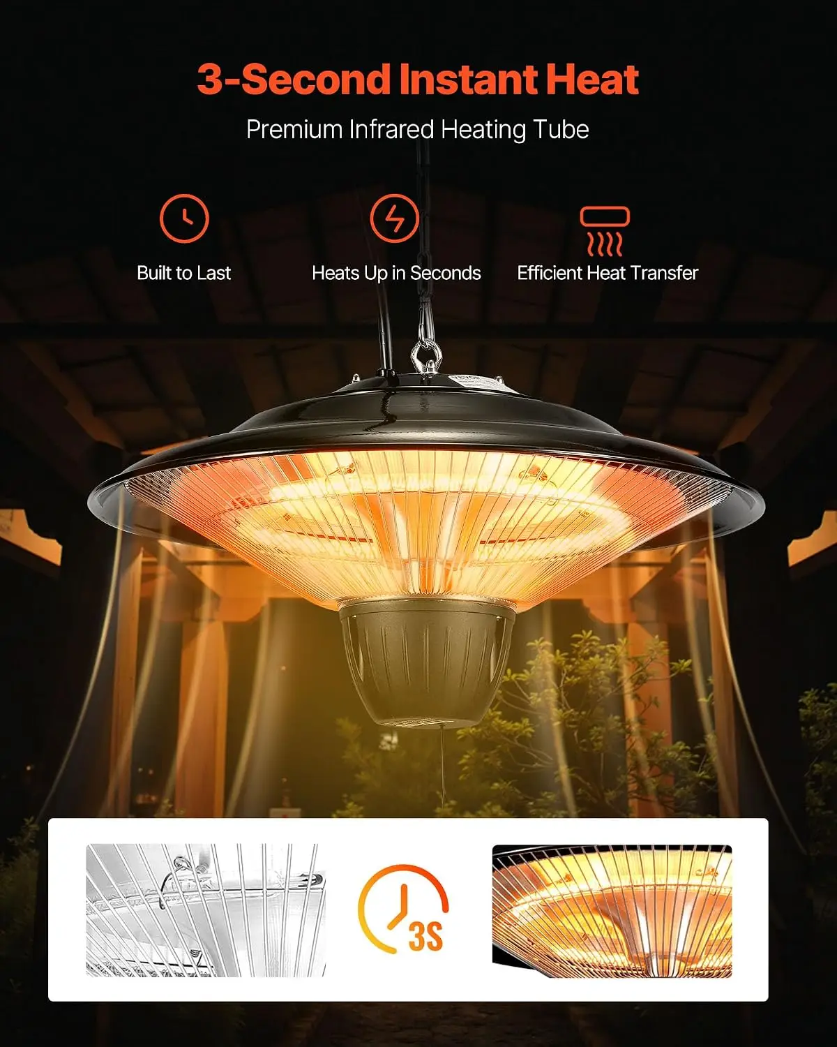 Hanging Patio Heater, 1500W Electric Space Infrared Heater, IP34 Protection with 23.6 inch Pull Cord & Adjustable Chain, for Por