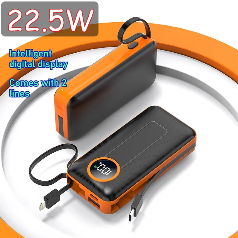 

22,5 Вт Power Bank с быстрой зарядкой, 10000 мАч, встроенный кабель, светодиодный интеллектуальный цифровой дисплей для IPhone Xiaomi Huawei Samsung