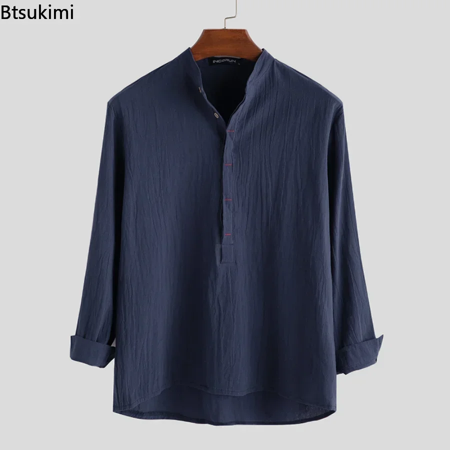 2025Men's Casual Cotton Linen Shirts Solid White Long Sleeve Loose Shirt Slim Pullover Fashion Handsome Boy Shirts Tops Clothing