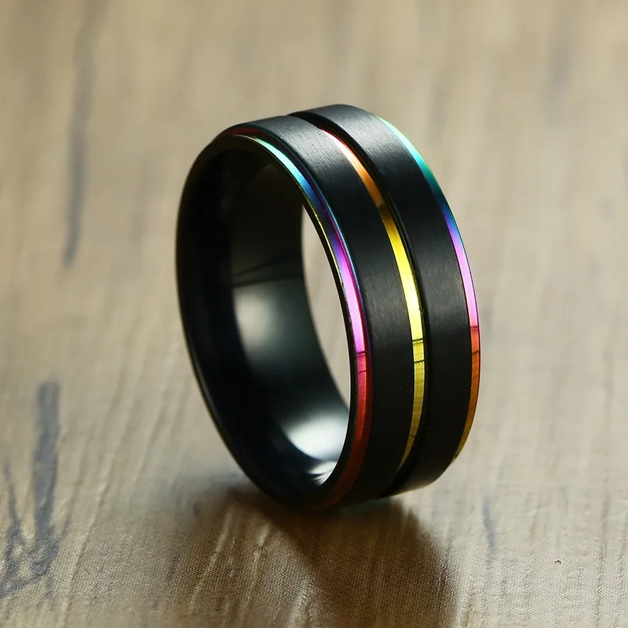 8MM Black Titanium Ring for Men Boys Simple Stainless steel Rings Trendy Rainbow Groove Rings Jewelry Accessories Gifts