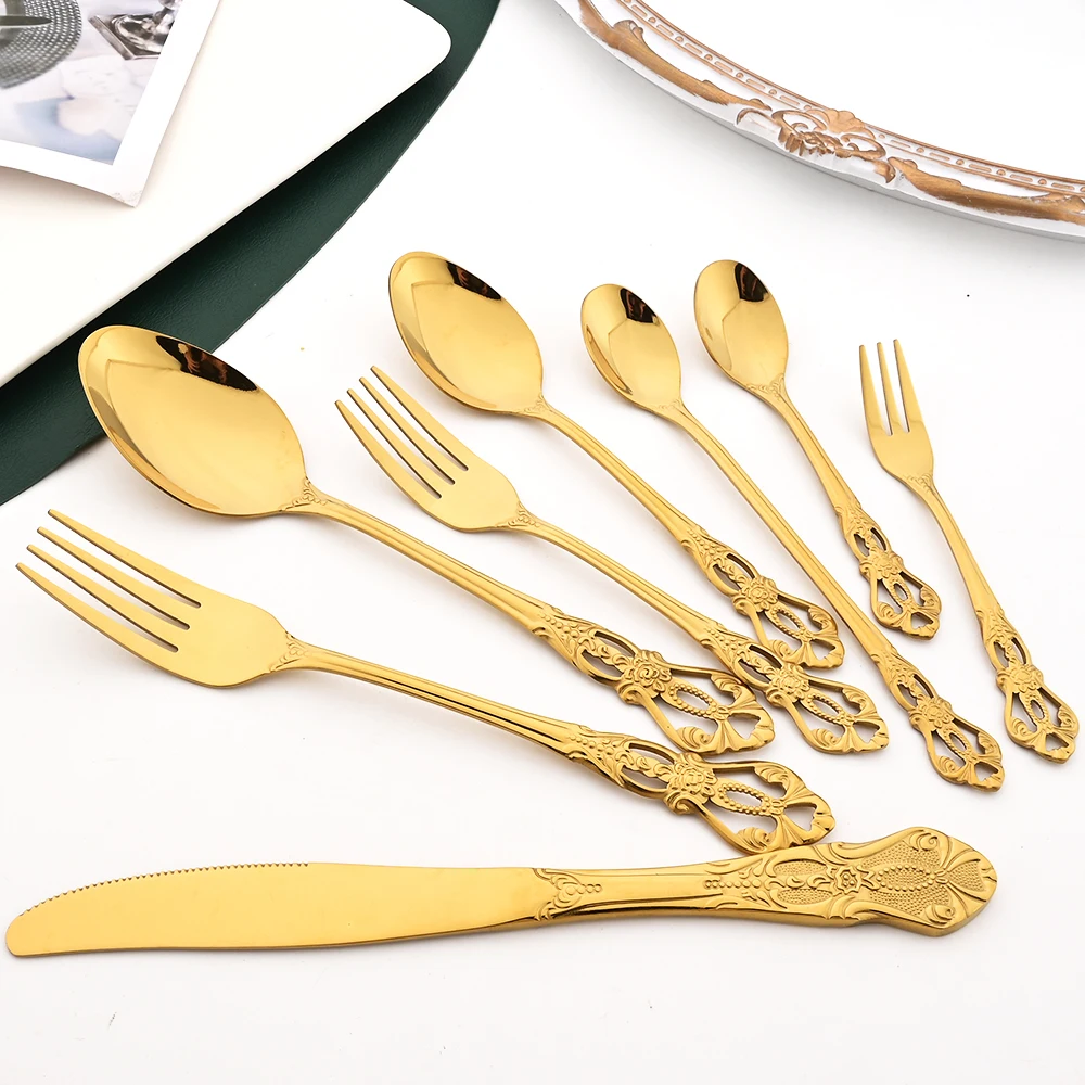 

Drmfiy Vintage 8Pcs Dinnerware Set Knife Dessert Fork Spoon Long Spoon Silverware Set Western Stainless Steel Cutlery Tableware