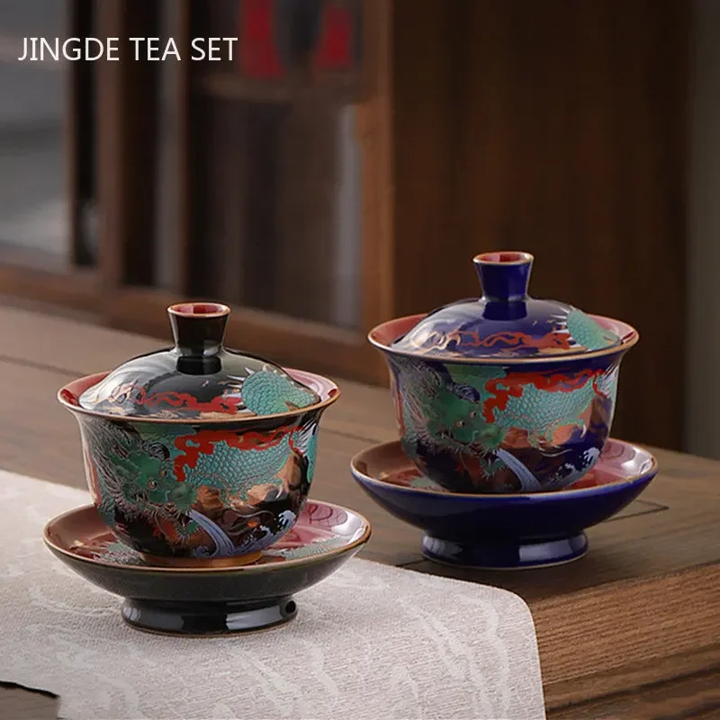 Enamel Color Three CAI Gaiwan Exquisite Ceramic Tea Bowl with Lid Cup Chinese Tea Set Gifts High Quality Tea Infuser