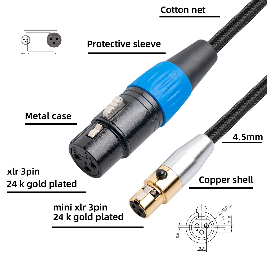 Cable de Audio de cine MINI XLR hembra a hembra de 3 pines, dispositivo fotográfico, Cable de extensión de micrófono, Cable de Audio para cámara de 2M