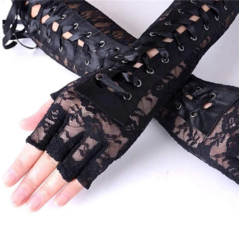 Womens Sexy Elbow Length Punk Fingerless Arm Warmer Goth Black Misa Amane Cosplay Accessories Fishnet Mesh Party LACE Gloves