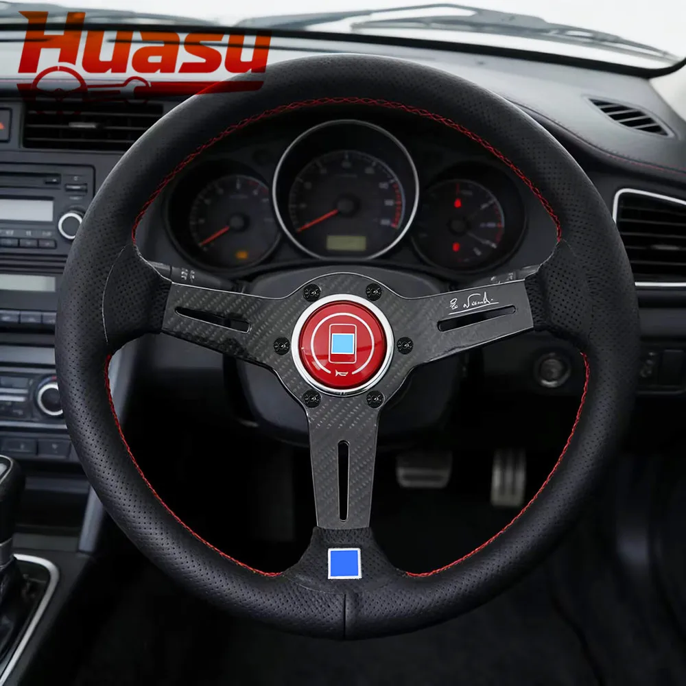 Racing Steering Wheel Concave Red Line Car Sport Carbon Fiber Steering Wheel 14inch 350mm Perforated Leather Universal