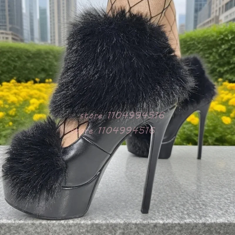 

Black Fur Platform Leather Thin Heels Women's Back Zipper Peep Toe Cover Heel Sandals 2025 New Sexy Fashion Party Banquet Shoes