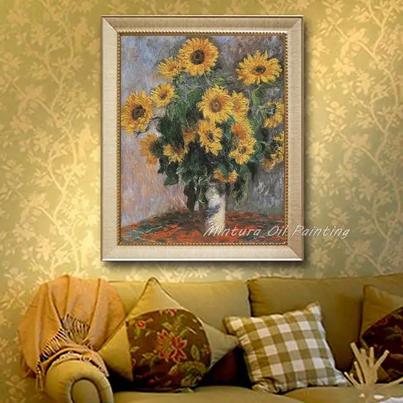 Mintura Handpainted Copy Sunflower By Claude Monet Famous Oil Painting On Canvas Wall Art Pictur For Living Room,Home Decoration