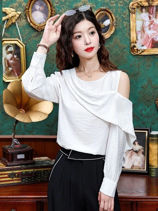 

Ele oulder Bared Long Sve irt Women's Faion Design Unique Charms Autumn New Sle French Sle Loose Fit Polyester