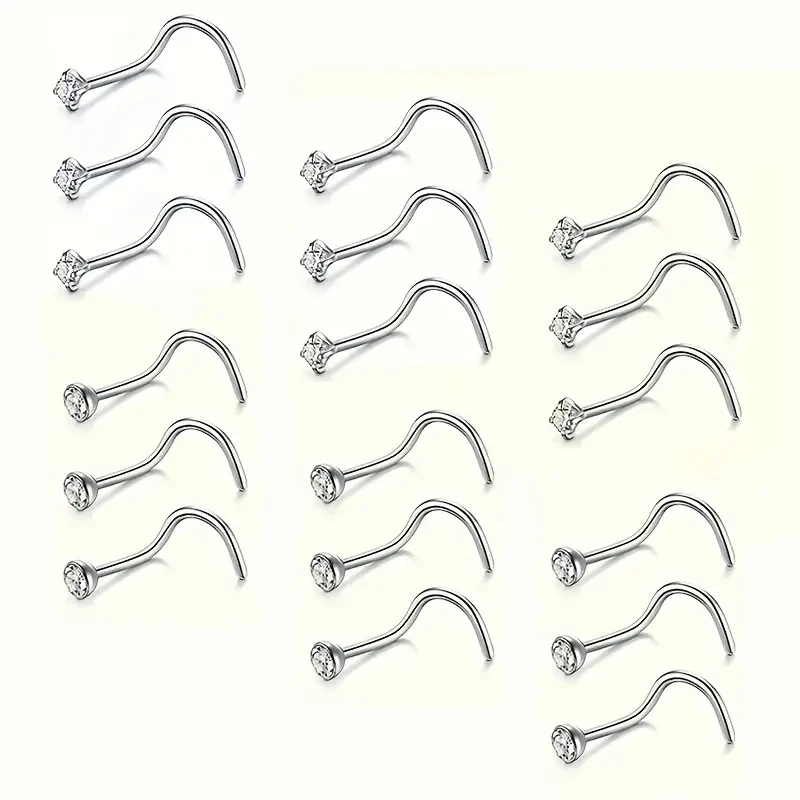 18pcs nose studs for women and men corkscrew nose ring stainless steel nose screw studs 2mm cz nose rings nose piercing jewelry