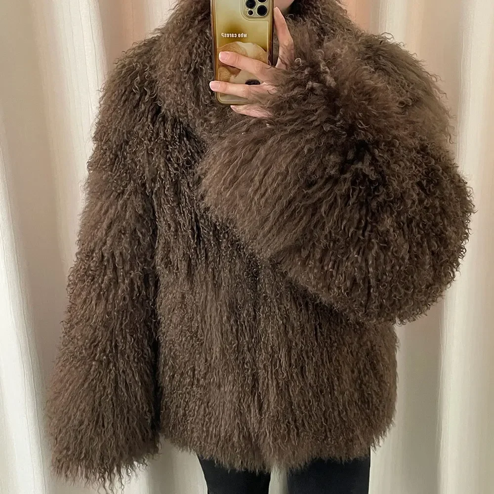 الواقع معطف الفرو المرأة ريال منغوليا الأغنام الفراء سترة الخريف الشتاء الإناث مصمم الأزياء سميكة الدافئة الفراء ملابس خارجية سيدة