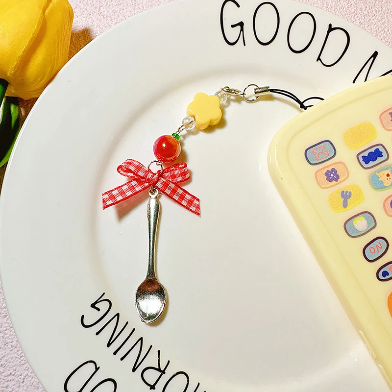 Red Plaid Ribbon Spoon Mobile Phone Chain Guben Pendant Keychain Cellphone Hanging Buckle Phone Lanyard Earphone Camera Chain