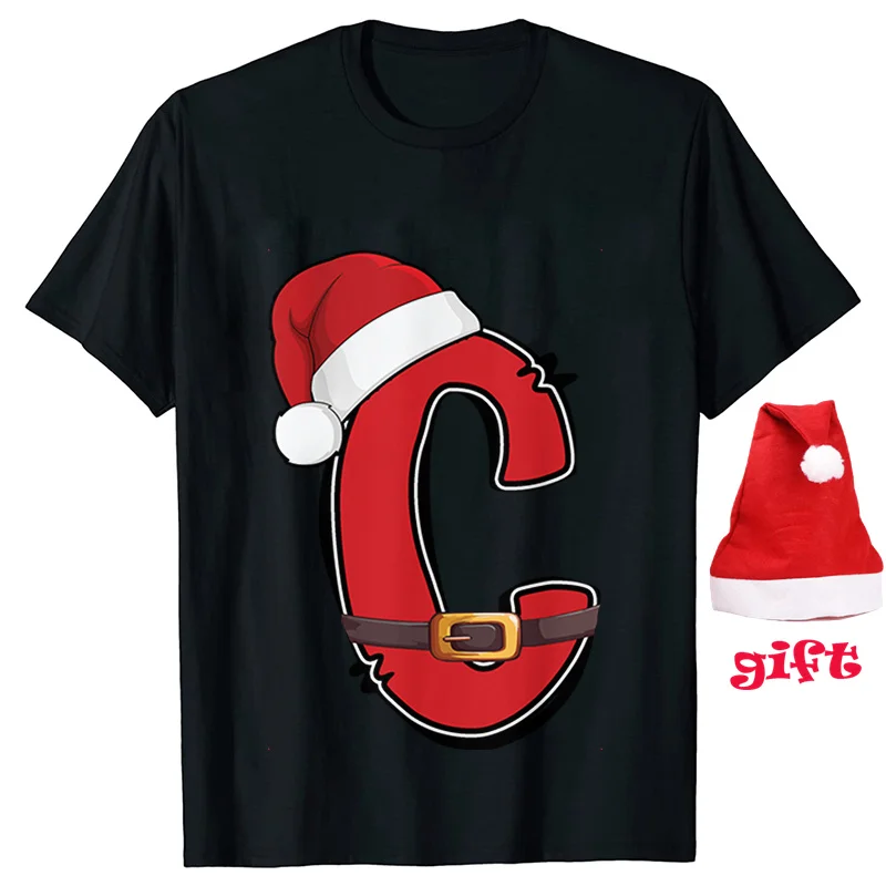 New 26 A~Z Christmas Alphabet Tees Women Casual Fashion T-shirt Short Sleeve Xmas Party Aesthetics Tops with Santa Hat Gift