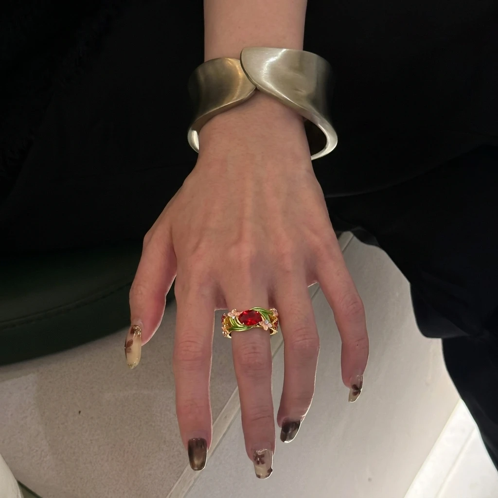 Vintage Bunter Blumen-Emaille Offener Ring für Frauen Kreativer Roter Strass Fingerring Exquisiter Charm Party-Schmuck Geschenke – Detail 1
