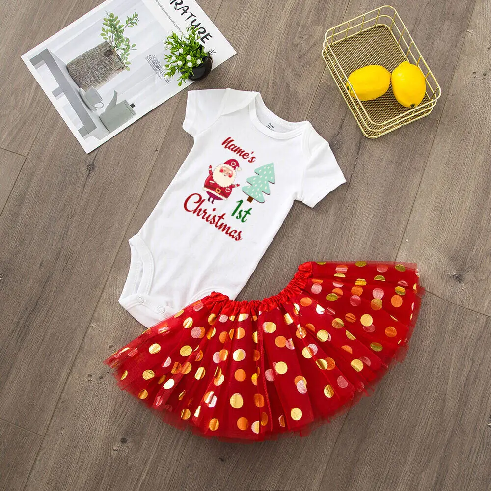 Personalized Christmas Baby Bodysuit & Tutu Set Custom Name Cake Dress Girls Shoty Sleeve Jumpsuit Skirts Girl Xmas Party Outfit